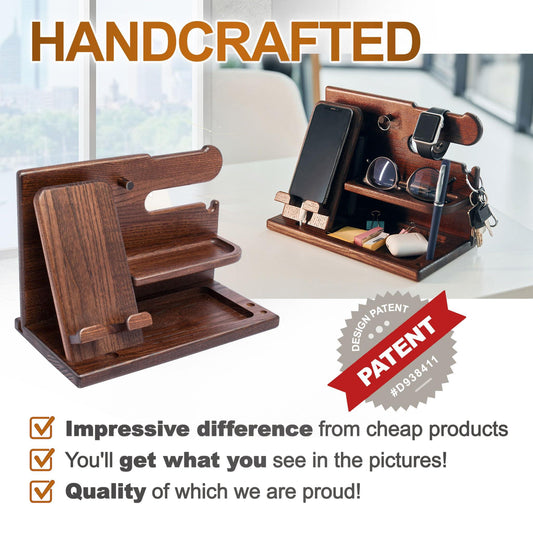 Wooden Desk Organizer for Men â Multi-Function Phone Stand, Watch & Glasses Holder, Key & Wallet Tray (Vintage Brown).