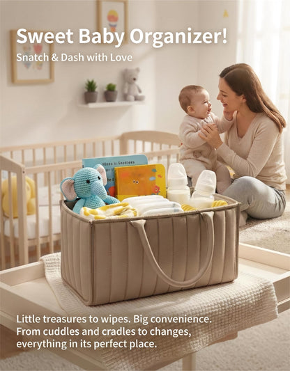 Large Baby Diaper Caddy Organizer – Stylish Storage Basket for Nursery, Changing Table & Travel – Portable Urn for Diapers, Wipes, Toys & Essentials (Brown)