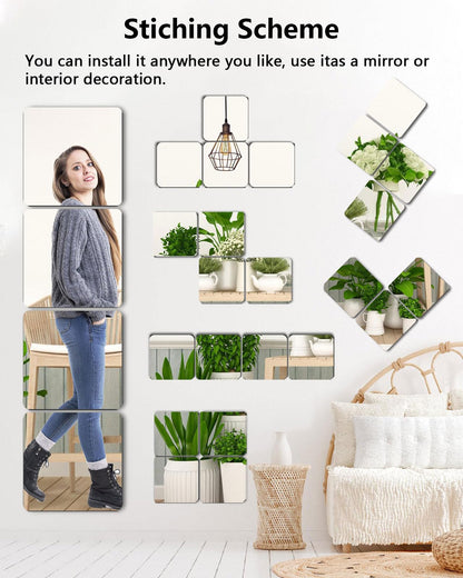 Shatterproof Acrylic Mirror Tiles – 4-Pack Wall Stickers for Kids, Home Gym, Bedroom & Bathroom, Easy Peel-and-Stick Decorative Mirrors with Double-Sided Tape (Silver,12" x 12")