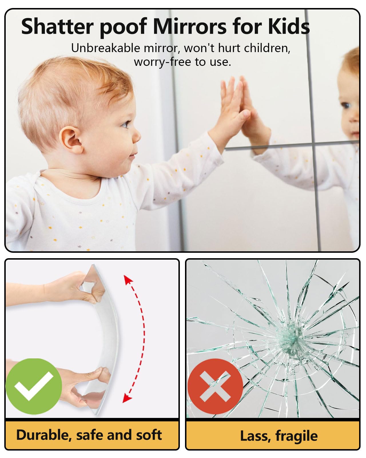 Shatterproof Acrylic Mirror Tiles – 4-Pack Wall Stickers for Kids, Home Gym, Bedroom & Bathroom, Easy Peel-and-Stick Decorative Mirrors with Double-Sided Tape (Silver,12" x 12")