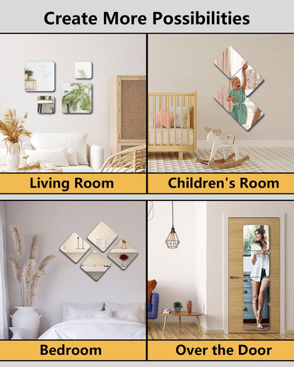 Shatterproof Acrylic Mirror Tiles – 4-Pack Wall Stickers for Kids, Home Gym, Bedroom & Bathroom, Easy Peel-and-Stick Decorative Mirrors with Double-Sided Tape (Silver,12" x 12")