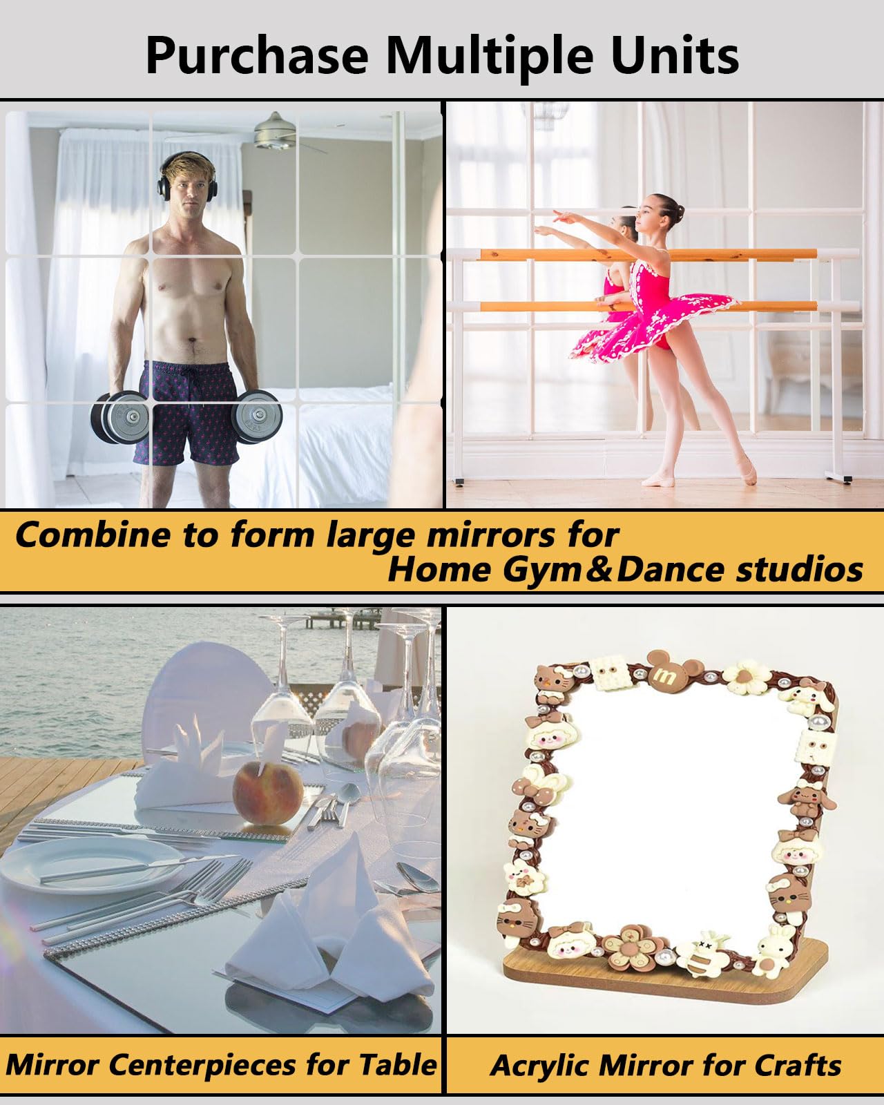 Shatterproof Acrylic Mirror Tiles – 4-Pack Wall Stickers for Kids, Home Gym, Bedroom & Bathroom, Easy Peel-and-Stick Decorative Mirrors with Double-Sided Tape (Silver,12" x 12")