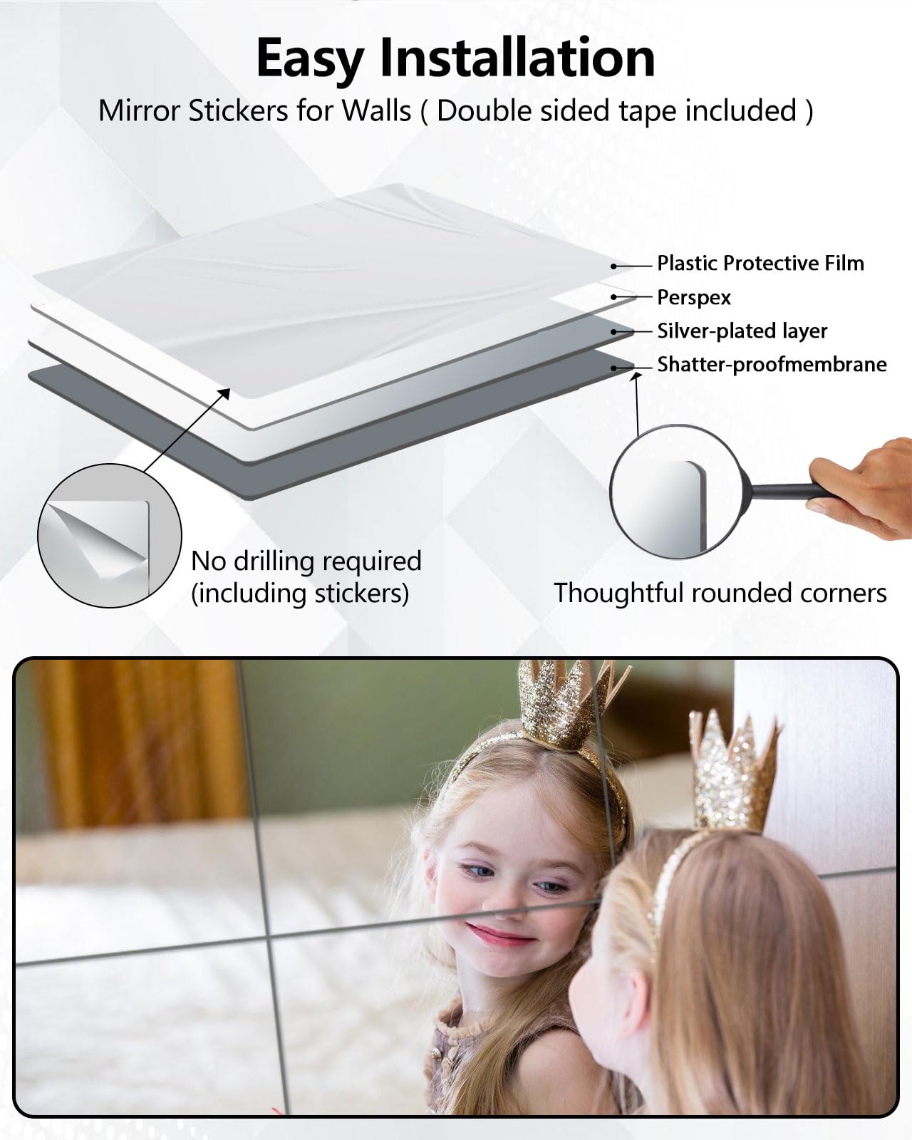 Shatterproof Acrylic Mirror Tiles – 4-Pack Wall Stickers for Kids, Home Gym, Bedroom & Bathroom, Easy Peel-and-Stick Decorative Mirrors with Double-Sided Tape (Silver,12" x 12")