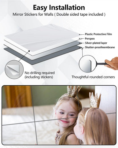 Shatterproof Acrylic Mirror Tiles – 4-Pack Wall Stickers for Kids, Home Gym, Bedroom & Bathroom, Easy Peel-and-Stick Decorative Mirrors with Double-Sided Tape (Silver,12" x 12")