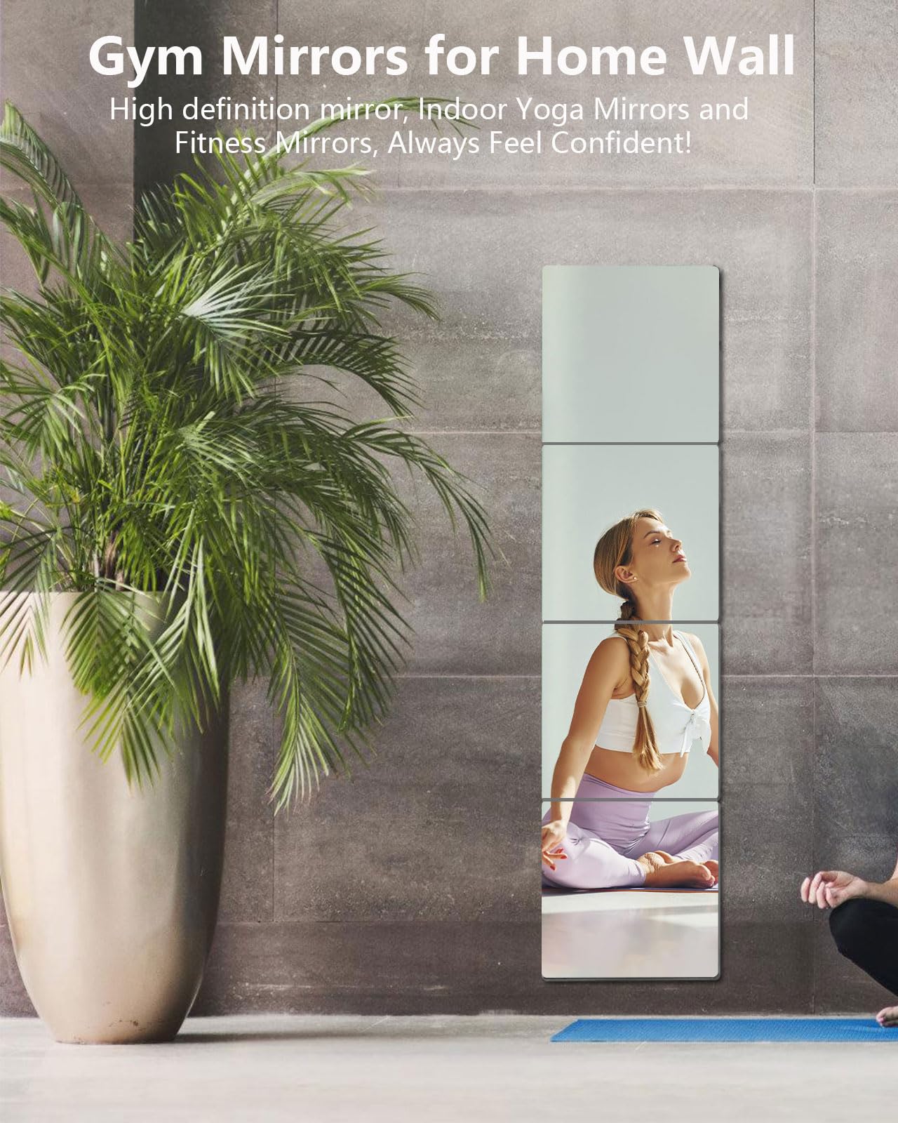 Shatterproof Acrylic Mirror Tiles – 4-Pack Wall Stickers for Kids, Home Gym, Bedroom & Bathroom, Easy Peel-and-Stick Decorative Mirrors with Double-Sided Tape (Silver,12" x 12")