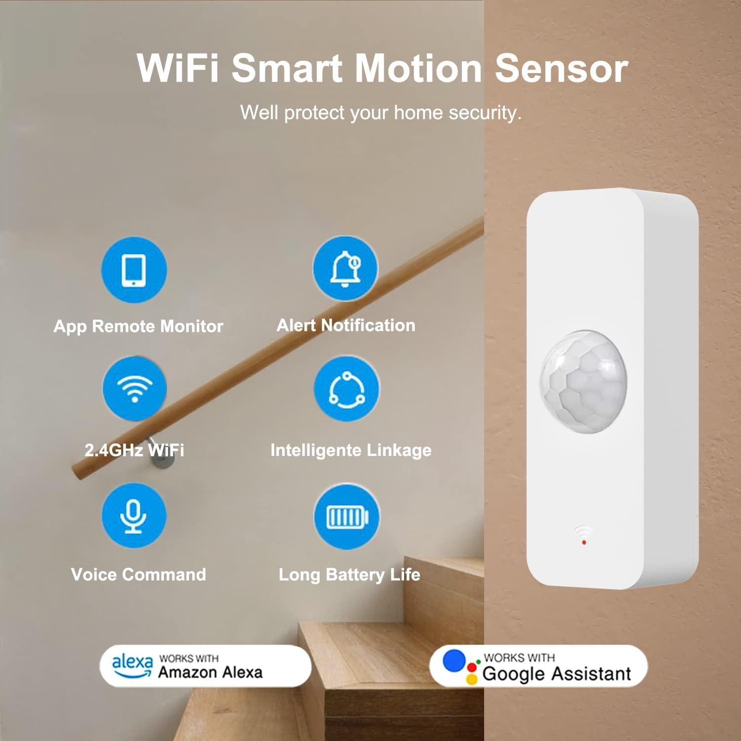 Smart WiFi Motion Sensor with App Alerts â 128Â° Detection, 6m Range, No Hub Required, Voice Control & Automation (White).