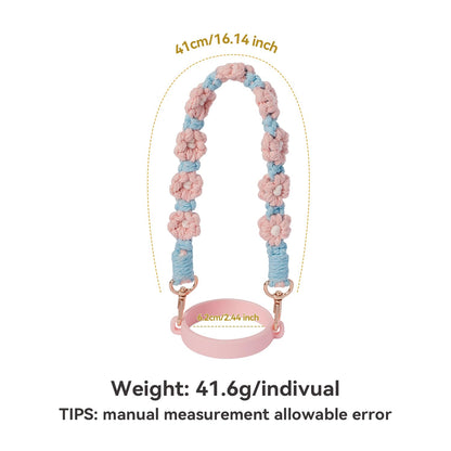 Hand-Woven Flower Water Bottle Strap with Silicone Ring 41cm/16.14 inch – Universal Cup Holder for 14oz, 30oz, and 40oz Stanley Tumblers, Adjustable Shoulder Strap with Rose Gold Clips and Net Pouch (Pink)