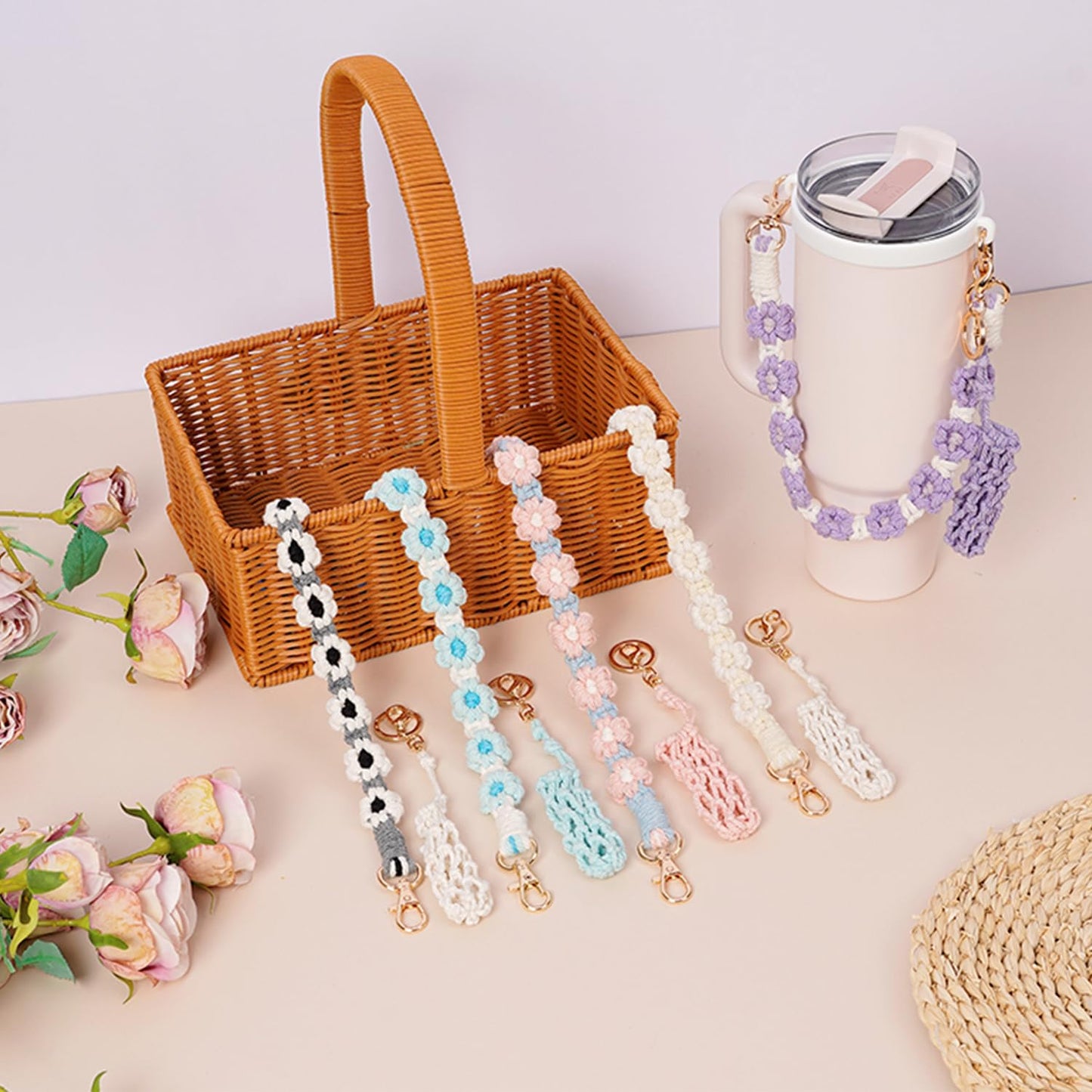 Hand-Woven Flower Water Bottle Strap with Silicone Ring 41cm/16.14 inch – Universal Cup Holder for 14oz, 30oz, and 40oz Stanley Tumblers, Adjustable Shoulder Strap with Rose Gold Clips and Net Pouch (Pink)