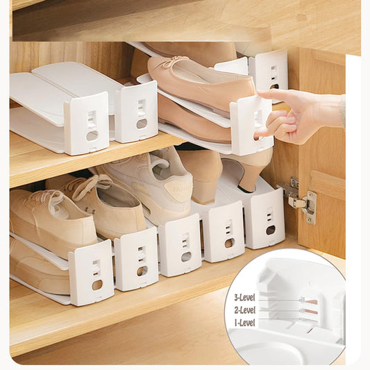 Adjustable Shoe Rack Organizer, 10-Pack Stackable Shoe Shelf for Closet Storage – Space-Saving Double Layer Shoe Holder with 3-Level Height Adjustment (White)