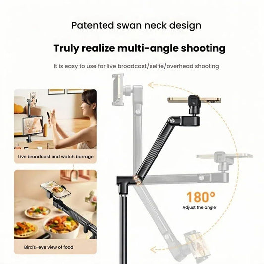 Floor Standing Phone Tripod with Swan Neck Arm â Includes Phone Clamp & Selfie Remote, Multi-Angle Stand for Live Streaming, Food Photography, Vlogging (Black).