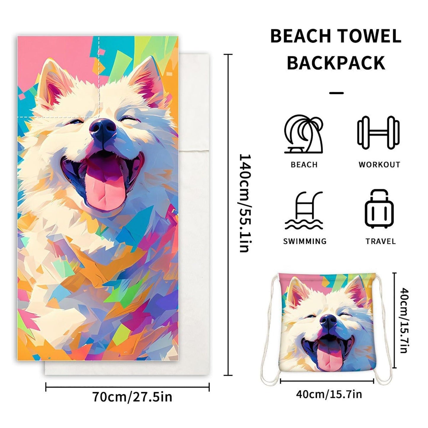 Dual-Function Foldable Beach Towel with Built-in Backpack â Soft Microfiber Towel & Compact Carry Bag in One, 55-Inch Large Size for Swimming, Travel, Picnic (Dog,Colorful).