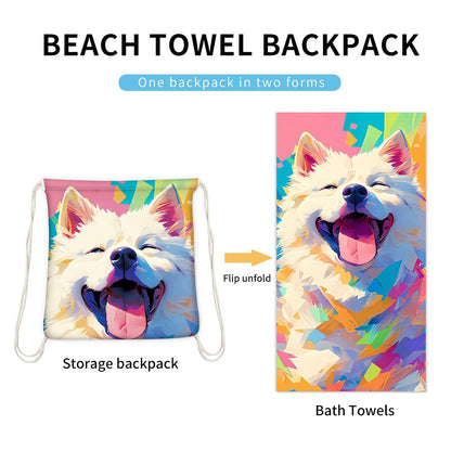 Dual-Function Foldable Beach Towel with Built-in Backpack â Soft Microfiber Towel & Compact Carry Bag in One, 55-Inch Large Size for Swimming, Travel, Picnic (Dog,Colorful).