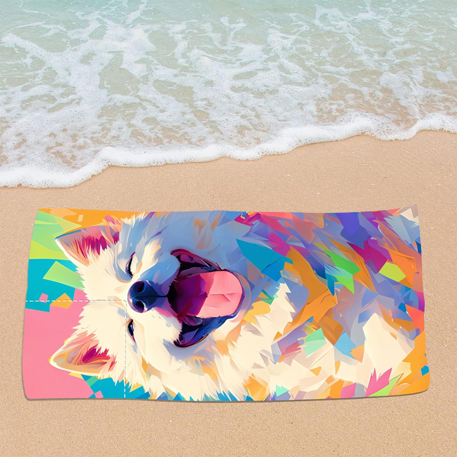 Dual-Function Foldable Beach Towel with Built-in Backpack â Soft Microfiber Towel & Compact Carry Bag in One, 55-Inch Large Size for Swimming, Travel, Picnic (Dog,Colorful).