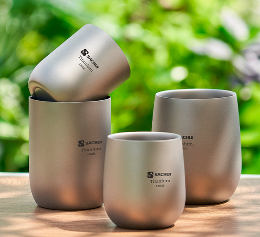 4-Piece Pure Titanium Cup Set â Double-Walled, Lightweight, Stackable Outdoor Drinking Cups for Camping, Hiking, Travel and Office Use (Gray).