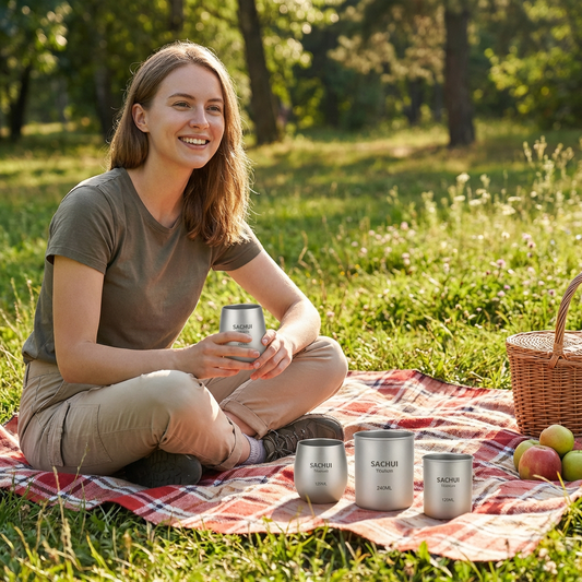 4-Piece Pure Titanium Cup Set â Double-Walled, Lightweight, Stackable Outdoor Drinking Cups for Camping, Hiking, Travel and Office Use (Gray).