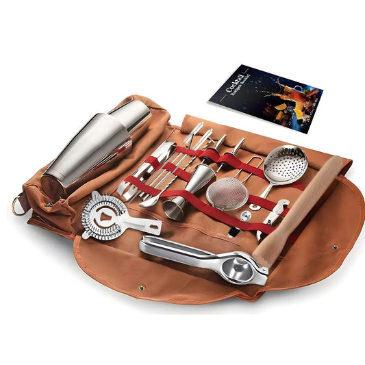 Professional 17-Piece Stainless Steel Cocktail Shaker Set with Canvas Carry Case â Complete Bar Tools Kit for Home, Travel, Parties â Includes Jigger, Strainer, Muddler, Spoon, Bottle Stopper (Brown).