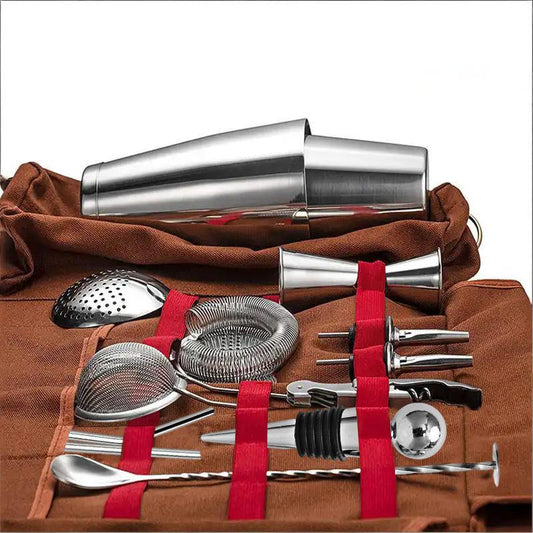 Professional 17-Piece Stainless Steel Cocktail Shaker Set with Canvas Carry Case â Complete Bar Tools Kit for Home, Travel, Parties â Includes Jigger, Strainer, Muddler, Spoon, Bottle Stopper (Brown).
