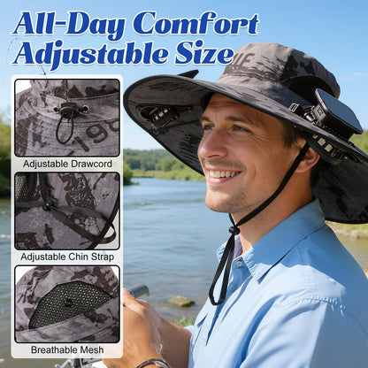 Solar-Powered Dual-Fan Sun Hat – UPF 50+ Wide-Brim Outdoor Hat with 2 USB/Solar Rechargeable Fans, Adjustable Strap, Breathable Mesh, for Fishing, Hiking, Beach & Gardening; Unisex Cooling Cap with 800mAh Battery (Black)