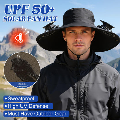 Solar-Powered Dual-Fan Sun Hat – UPF 50+ Wide-Brim Outdoor Hat with 2 USB/Solar Rechargeable Fans, Adjustable Strap, Breathable Mesh, for Fishing, Hiking, Beach & Gardening; Unisex Cooling Cap with 800mAh Battery (Black)