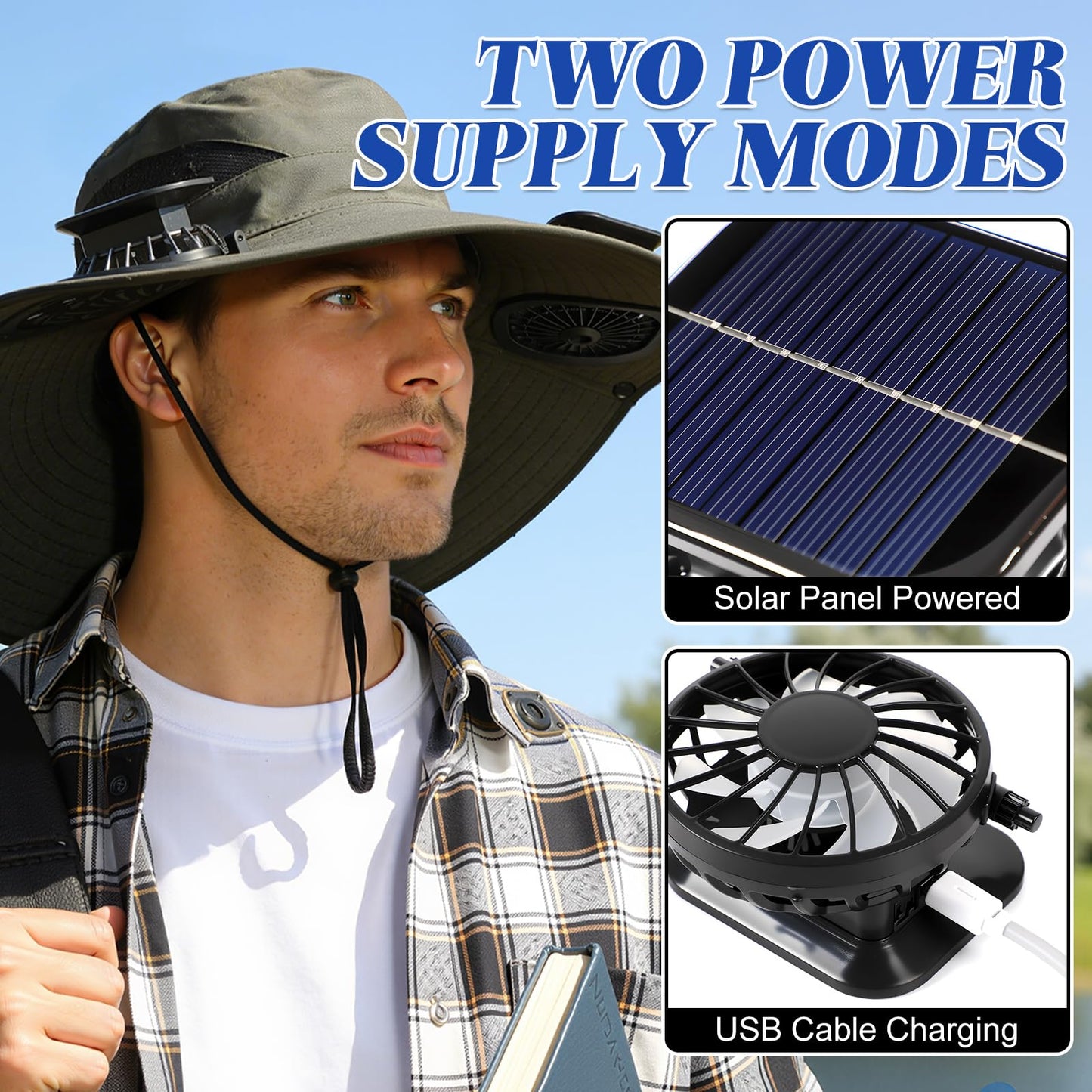 Solar-Powered Dual-Fan Sun Hat – UPF 50+ Wide-Brim Outdoor Hat with 2 USB/Solar Rechargeable Fans, Adjustable Strap, Breathable Mesh, for Fishing, Hiking, Beach & Gardening; Unisex Cooling Cap with 800mAh Battery (Black)