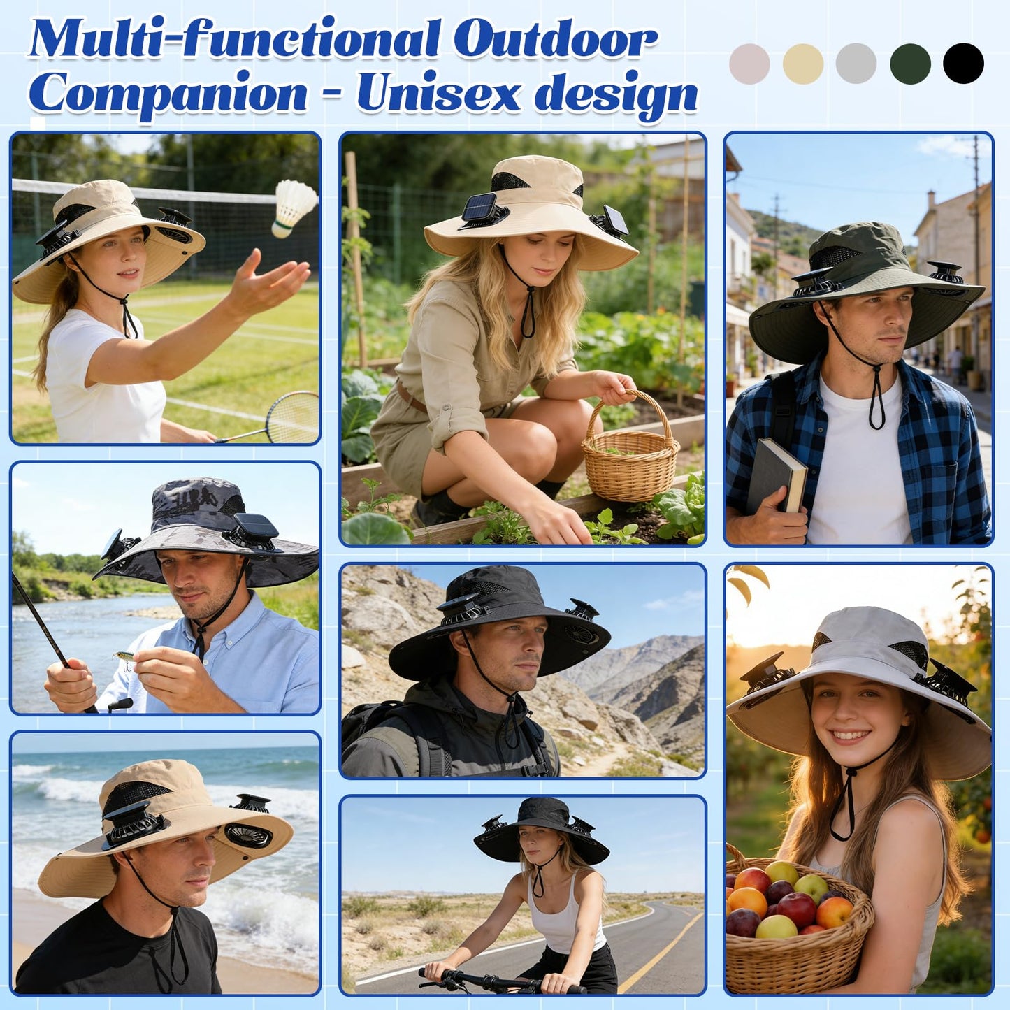 Solar-Powered Dual-Fan Sun Hat – UPF 50+ Wide-Brim Outdoor Hat with 2 USB/Solar Rechargeable Fans, Adjustable Strap, Breathable Mesh, for Fishing, Hiking, Beach & Gardening; Unisex Cooling Cap with 800mAh Battery (Black)