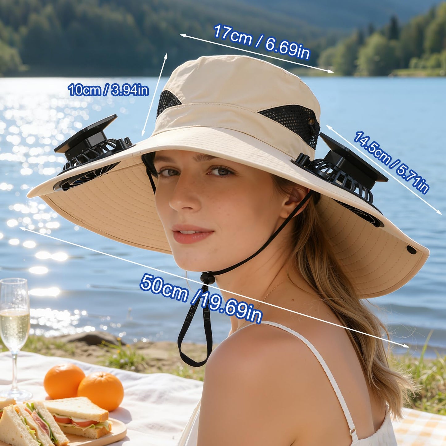Solar-Powered Dual-Fan Sun Hat – UPF 50+ Wide-Brim Outdoor Hat with 2 USB/Solar Rechargeable Fans, Adjustable Strap, Breathable Mesh, for Fishing, Hiking, Beach & Gardening; Unisex Cooling Cap with 800mAh Battery (Black)
