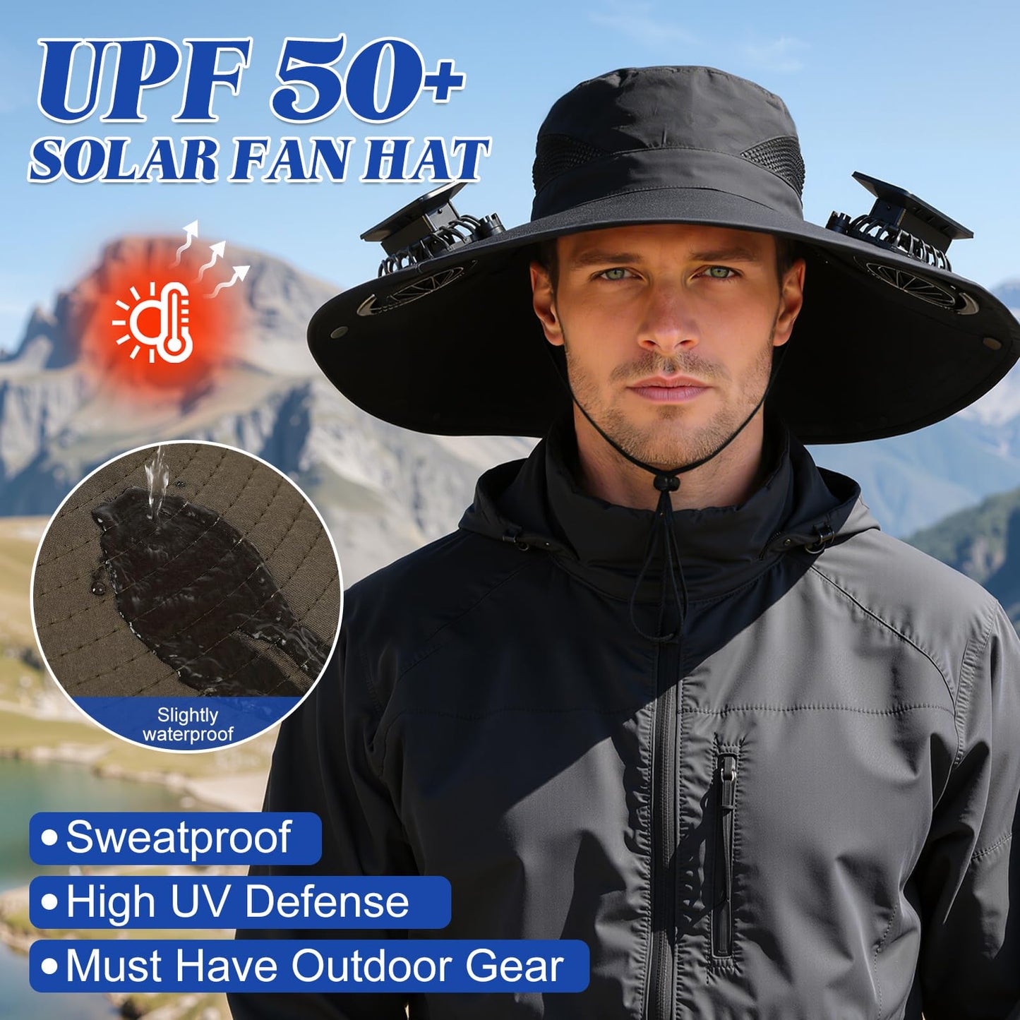 Solar-Powered Dual-Fan Sun Hat – UPF 50+ Wide-Brim Outdoor Hat with 2 USB/Solar Rechargeable Fans, Adjustable Strap, Breathable Mesh, for Fishing, Hiking, Beach & Gardening; Unisex Cooling Cap with 800mAh Battery (Dark- Grey)
