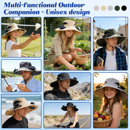 Solar-Powered Dual-Fan Sun Hat – UPF 50+ Wide-Brim Outdoor Hat with 2 USB/Solar Rechargeable Fans, Adjustable Strap, Breathable Mesh, for Fishing, Hiking, Beach & Gardening; Unisex Cooling Cap with 800mAh Battery (Dark- Grey)