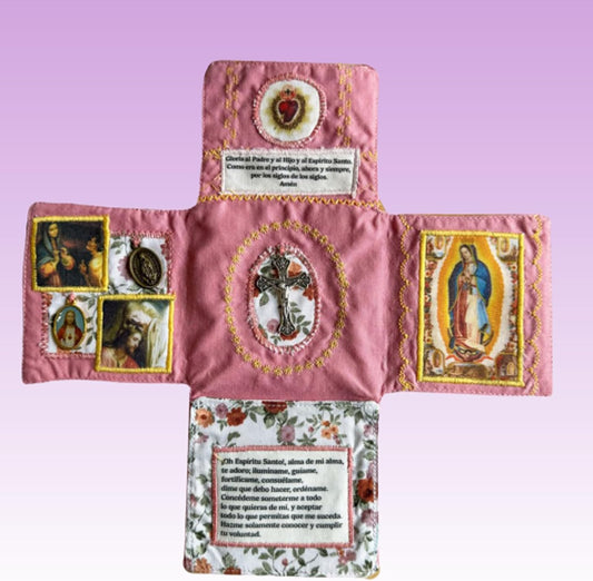 Mini Handcrafted Catholic Pocket Shrine â Foldable Prayer Altar with Silver Cross, Religious Art & Embroidered Prayers, Portable Faith Companion, 6.5 x 5.5 Inches (Pink).