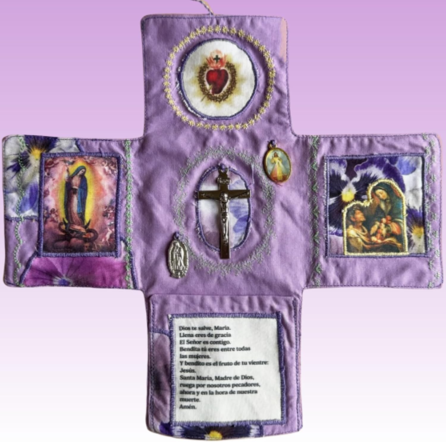 Mini Handcrafted Catholic Pocket Shrine â Foldable Prayer Altar with Silver Cross, Religious Art & Embroidered Prayers, Portable Faith Companion, 6.5 x 5.5 Inches (Red).