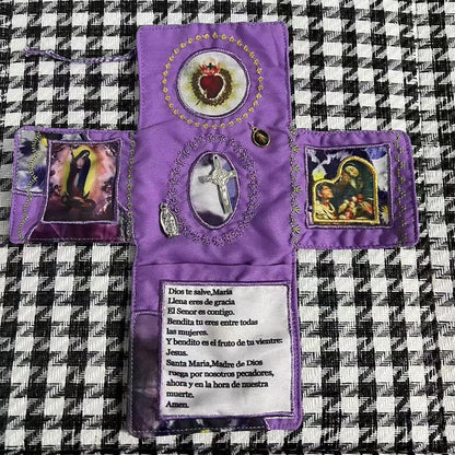 Mini Handcrafted Catholic Pocket Shrine â Foldable Prayer Altar with Silver Cross, Religious Art & Embroidered Prayers, Portable Faith Companion, 6.5 x 5.5 Inches (Purple).