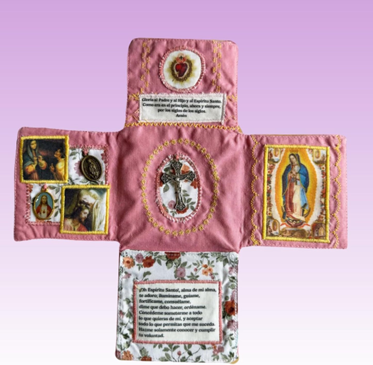 Mini Handcrafted Catholic Pocket Shrine â Foldable Prayer Altar with Silver Cross, Religious Art & Embroidered Prayers, Portable Faith Companion, 6.5 x 5.5 Inches (Purple).