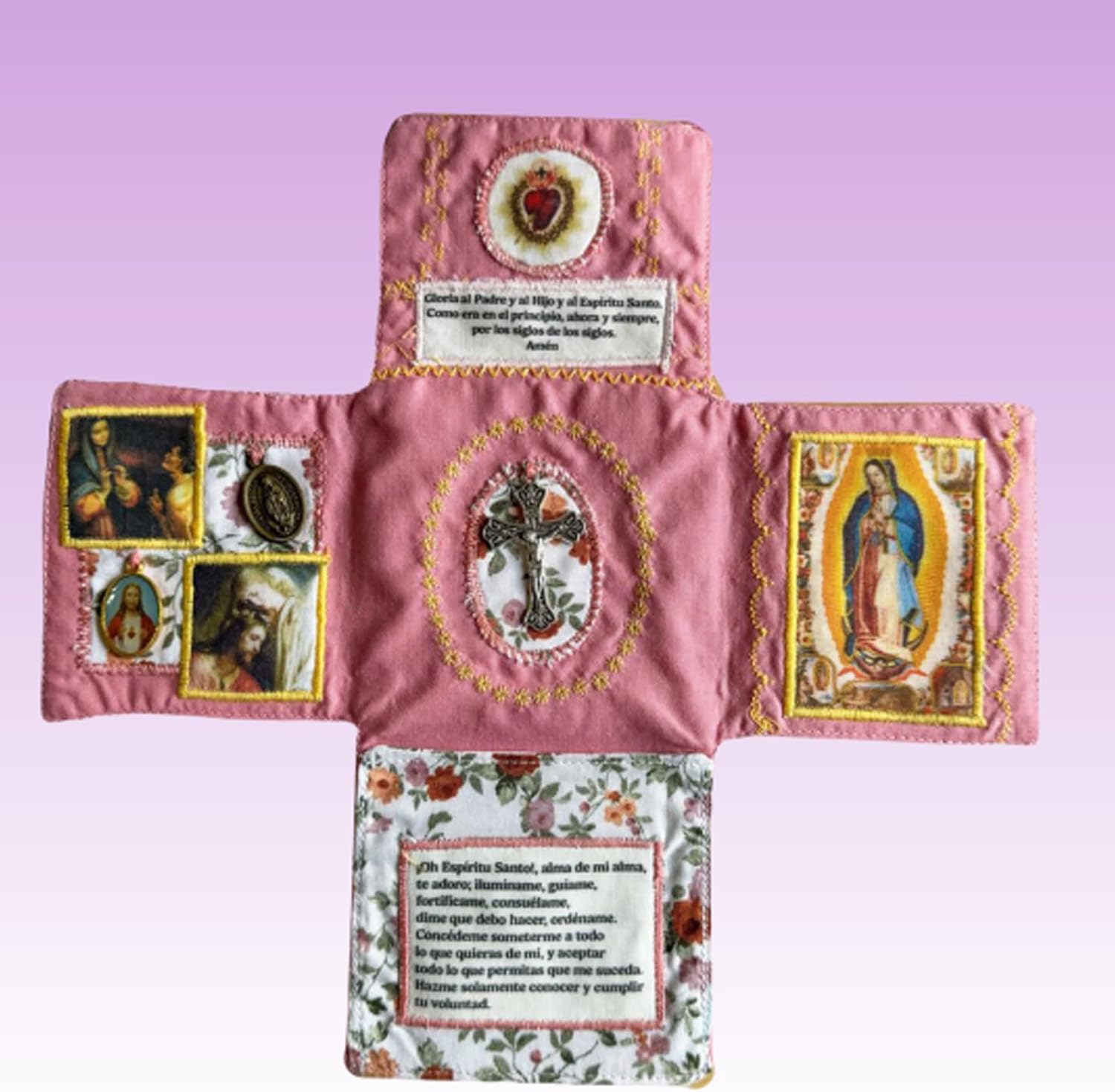 Mini Handcrafted Catholic Pocket Shrine â Foldable Prayer Altar with Silver Cross, Religious Art & Embroidered Prayers, Portable Faith Companion, 6.5 x 5.5 Inches (Purple).