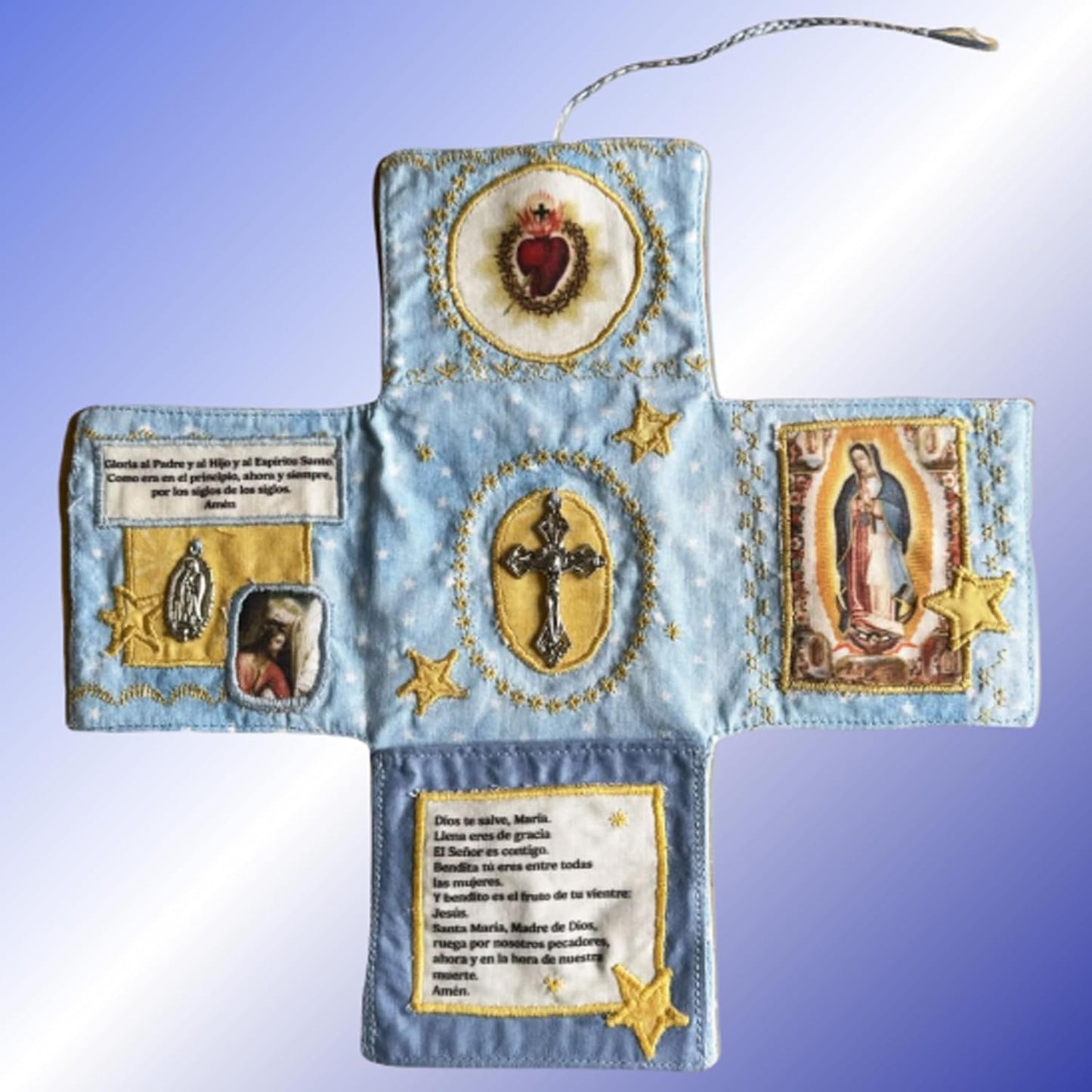 Mini Handcrafted Catholic Pocket Shrine â Foldable Prayer Altar with Silver Cross, Religious Art & Embroidered Prayers, Portable Faith Companion, 6.5 x 5.5 Inches (Purple).