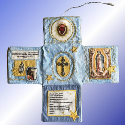 Mini Handcrafted Catholic Pocket Shrine â Foldable Prayer Altar with Silver Cross, Religious Art & Embroidered Prayers, Portable Faith Companion, 6.5 x 5.5 Inches (Purple).