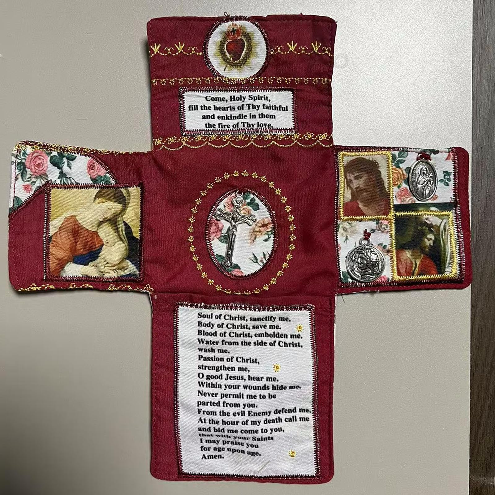 Mini Handcrafted Catholic Pocket Shrine â Foldable Prayer Altar with Silver Cross, Religious Art & Embroidered Prayers, Portable Faith Companion, 6.5 x 5.5 Inches (Purple).