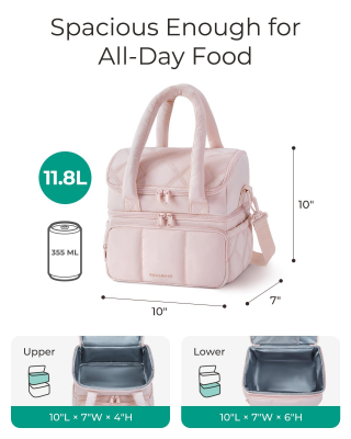 Double-Layer Insulated Lunch Bag with Quilted Design â 11.8L Cooler Tote for Work, Picnics & Travel (Black) | Other Colors Available In-Store.