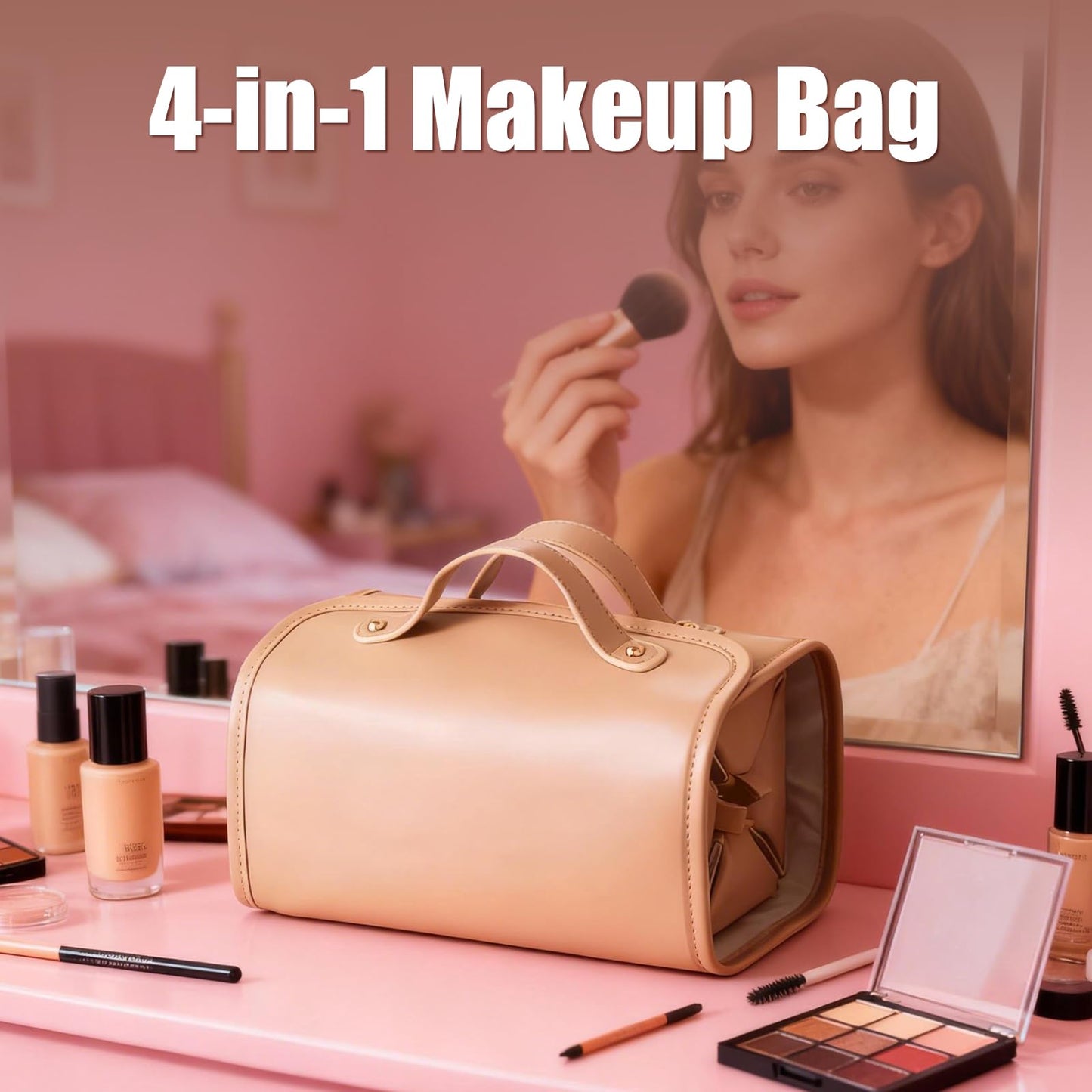 4-in-1 Expandable Makeup Bag with Removable Pockets – Waterproof Travel Cosmetic Organizer for Women, Large Capacity Vanity Case with Hanging Design (Brown)