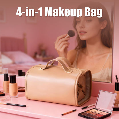 4-in-1 Expandable Makeup Bag with Removable Pockets – Waterproof Travel Cosmetic Organizer for Women, Large Capacity Vanity Case with Hanging Design (Brown)