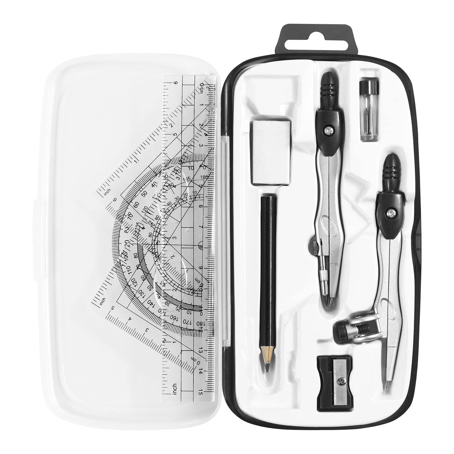 Complete 10-Piece Geometry Kit Set â Precision Drafting Tools with Metal Compasses, Rulers, Protractor & Pencil Sharpener â Ideal for Students, Engineers & Artists (Black).