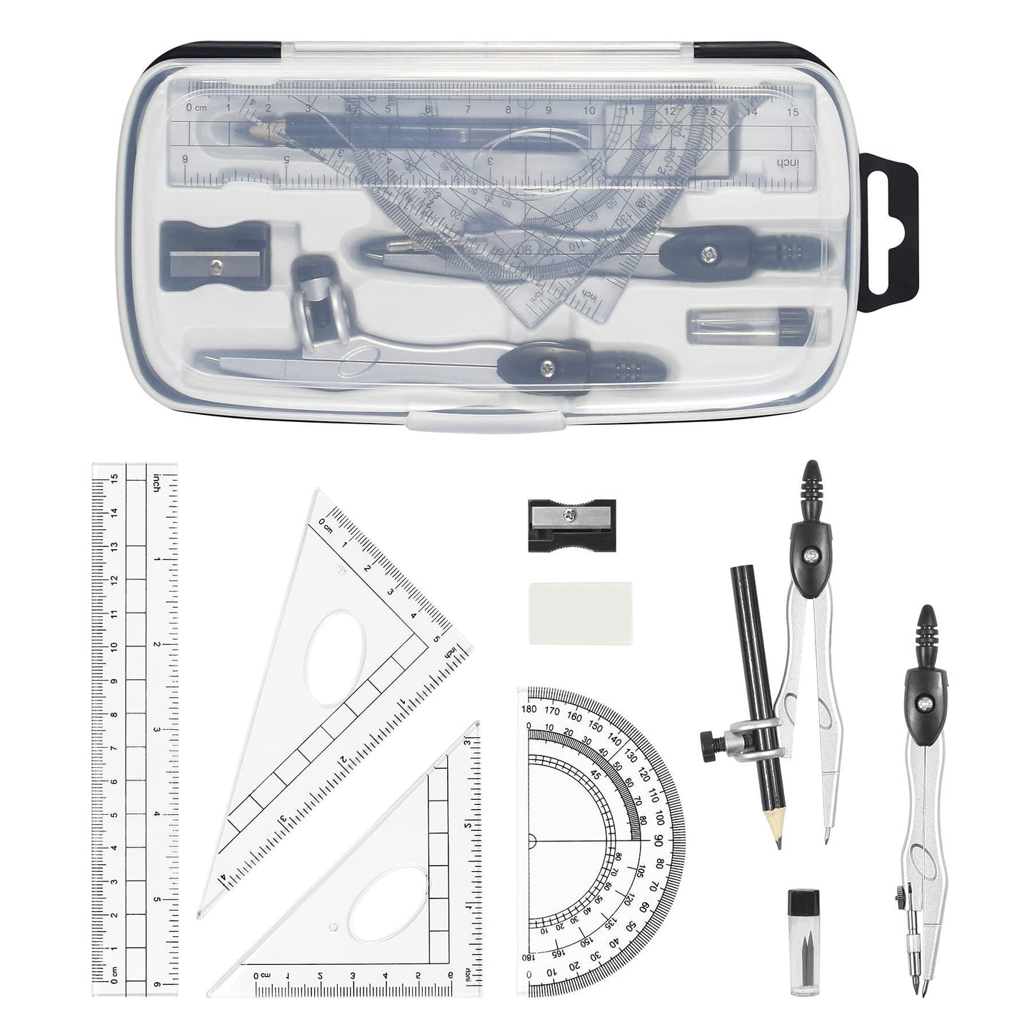 Complete 10-Piece Geometry Kit Set â Precision Drafting Tools with Metal Compasses, Rulers, Protractor & Pencil Sharpener â Ideal for Students, Engineers & Artists (Black).