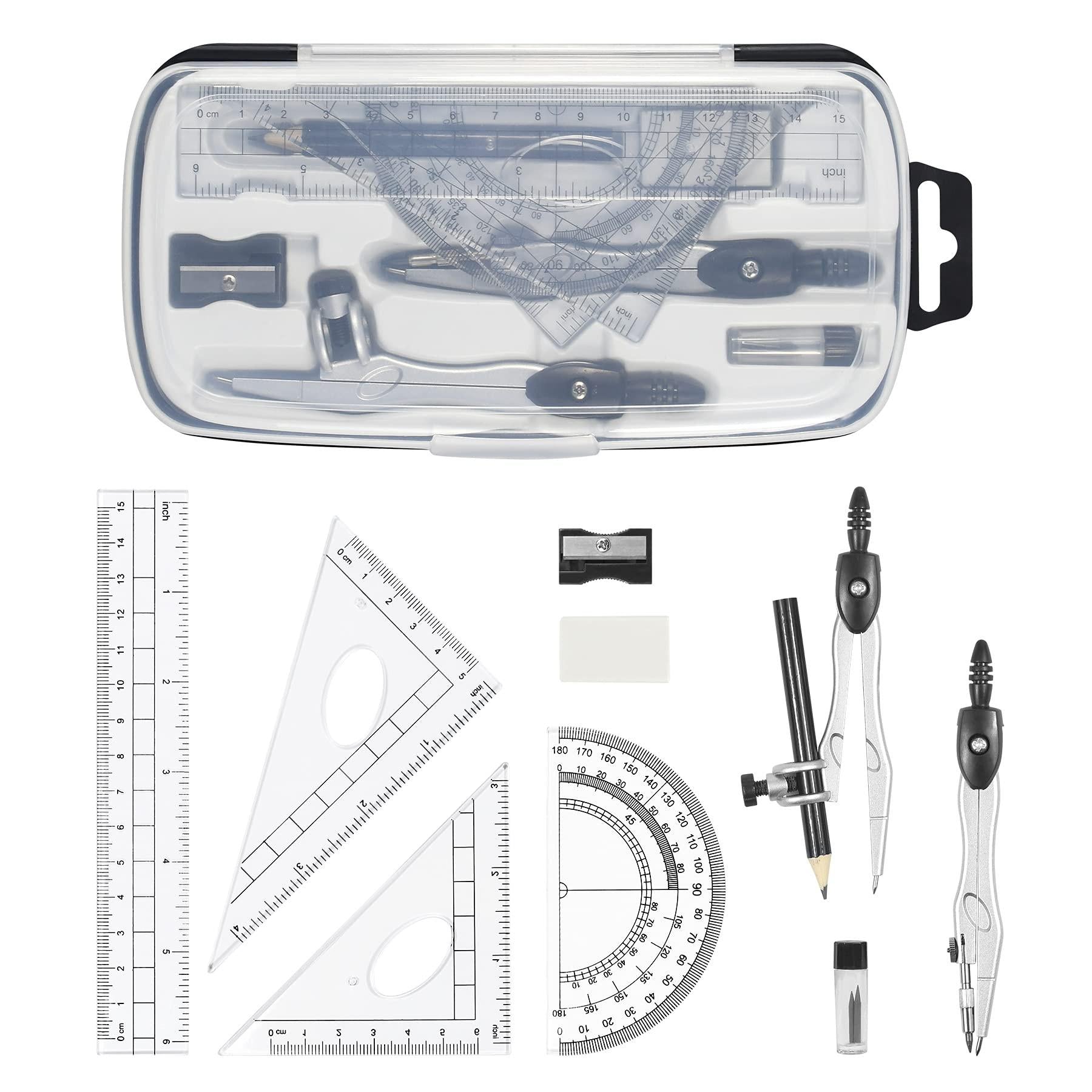 Complete 10-Piece Geometry Kit Set â Precision Drafting Tools with Metal Compasses, Rulers, Protractor & Pencil Sharpener â Ideal for Students, Engineers & Artists (Black).