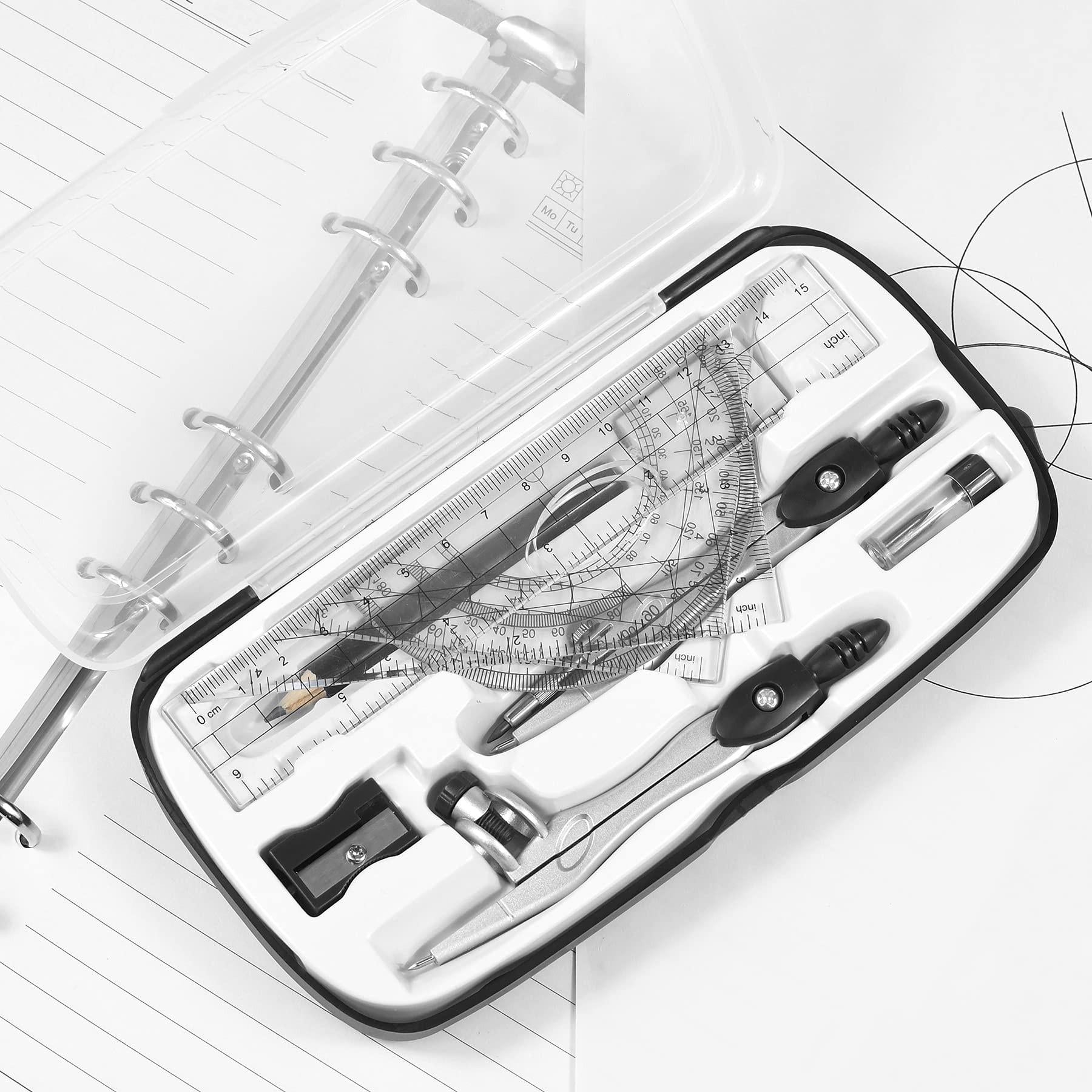 Complete 10-Piece Geometry Kit Set â Precision Drafting Tools with Metal Compasses, Rulers, Protractor & Pencil Sharpener â Ideal for Students, Engineers & Artists (Black).