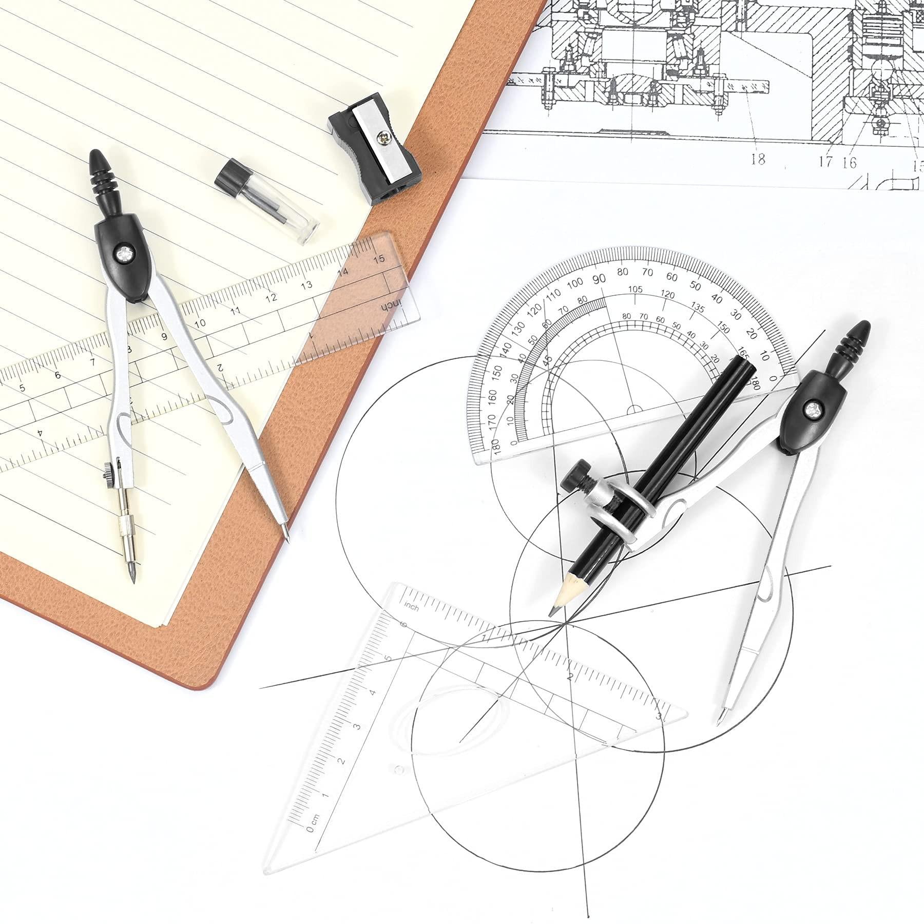 Complete 10-Piece Geometry Kit Set â Precision Drafting Tools with Metal Compasses, Rulers, Protractor & Pencil Sharpener â Ideal for Students, Engineers & Artists (Black).