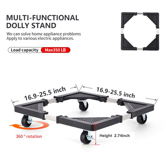 Adjustable Appliance Dolly Stand with 4 Locking Wheels â Expandable Base from 16.9 to 25.6 Inch, Heavy-Duty Furniture Moving Cart for Refrigerator, Washer, Cabinet, Air Conditioner (Black).