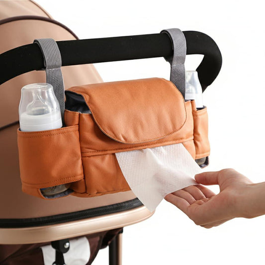 Universal Stroller Organizer Bag with Front Tissue Dispenser, Bottle Holders & Large Storage â Perfect for Daily Outings with Baby (Orange).