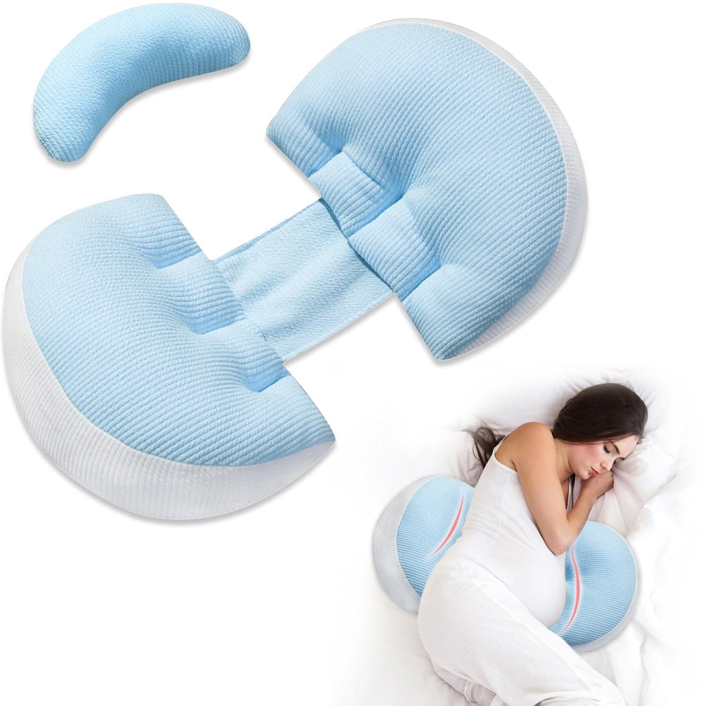Adjustable Pregnancy Pillow with Velcro Design â Side Sleeping Support for Back, Belly, Hips & Legs, Travel-Friendly Maternity Pillow with Bonus Auxiliary Pillow(Blue).