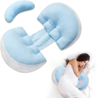 Adjustable Pregnancy Pillow with Velcro Design â Side Sleeping Support for Back, Belly, Hips & Legs, Travel-Friendly Maternity Pillow with Bonus Auxiliary Pillow(Blue).