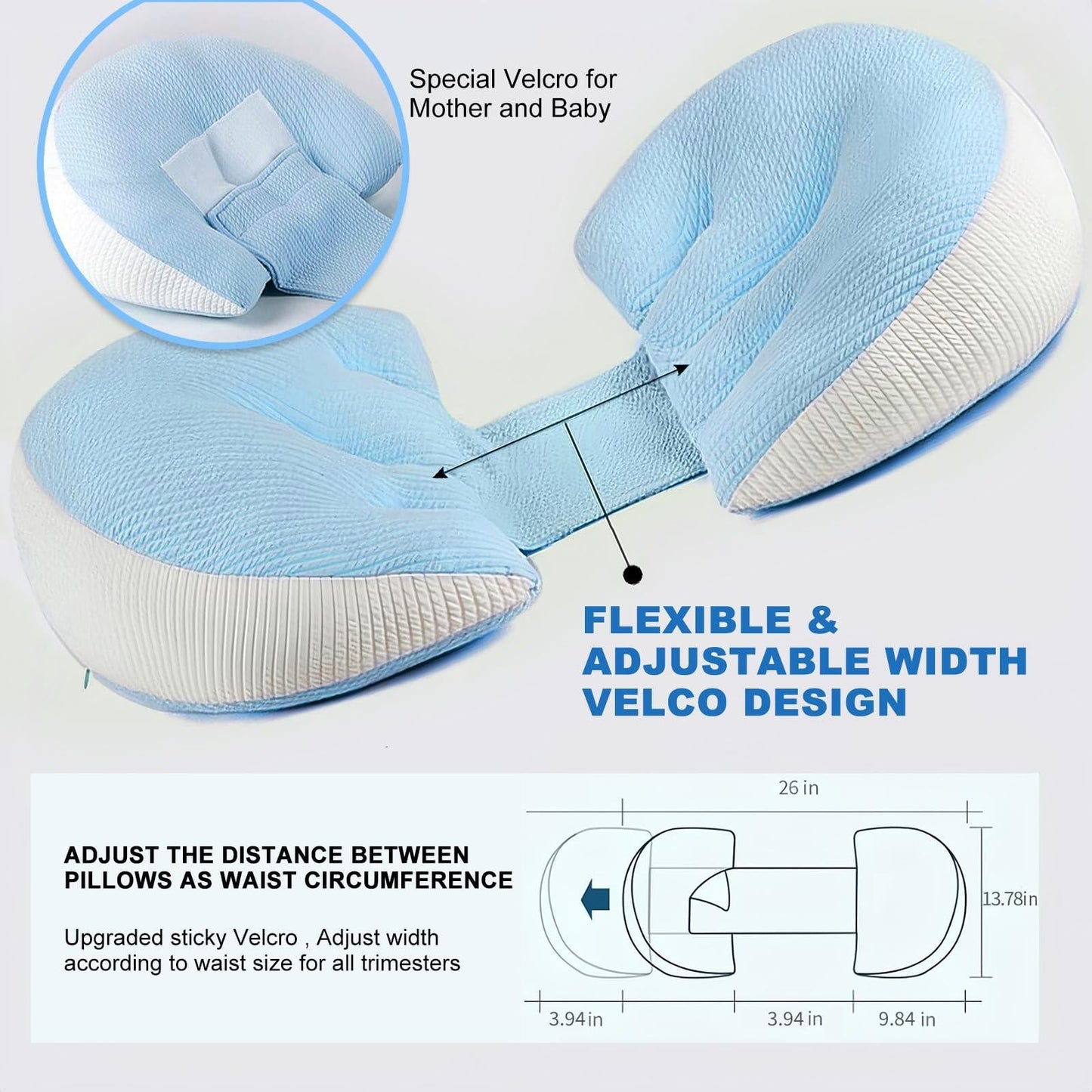 Adjustable Pregnancy Pillow with Velcro Design â Side Sleeping Support for Back, Belly, Hips & Legs, Travel-Friendly Maternity Pillow with Bonus Auxiliary Pillow(Blue).