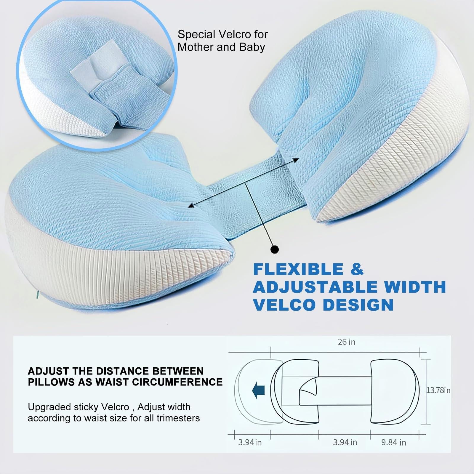Adjustable Pregnancy Pillow with Velcro Design â Side Sleeping Support for Back, Belly, Hips & Legs, Travel-Friendly Maternity Pillow with Bonus Auxiliary Pillow(Blue).